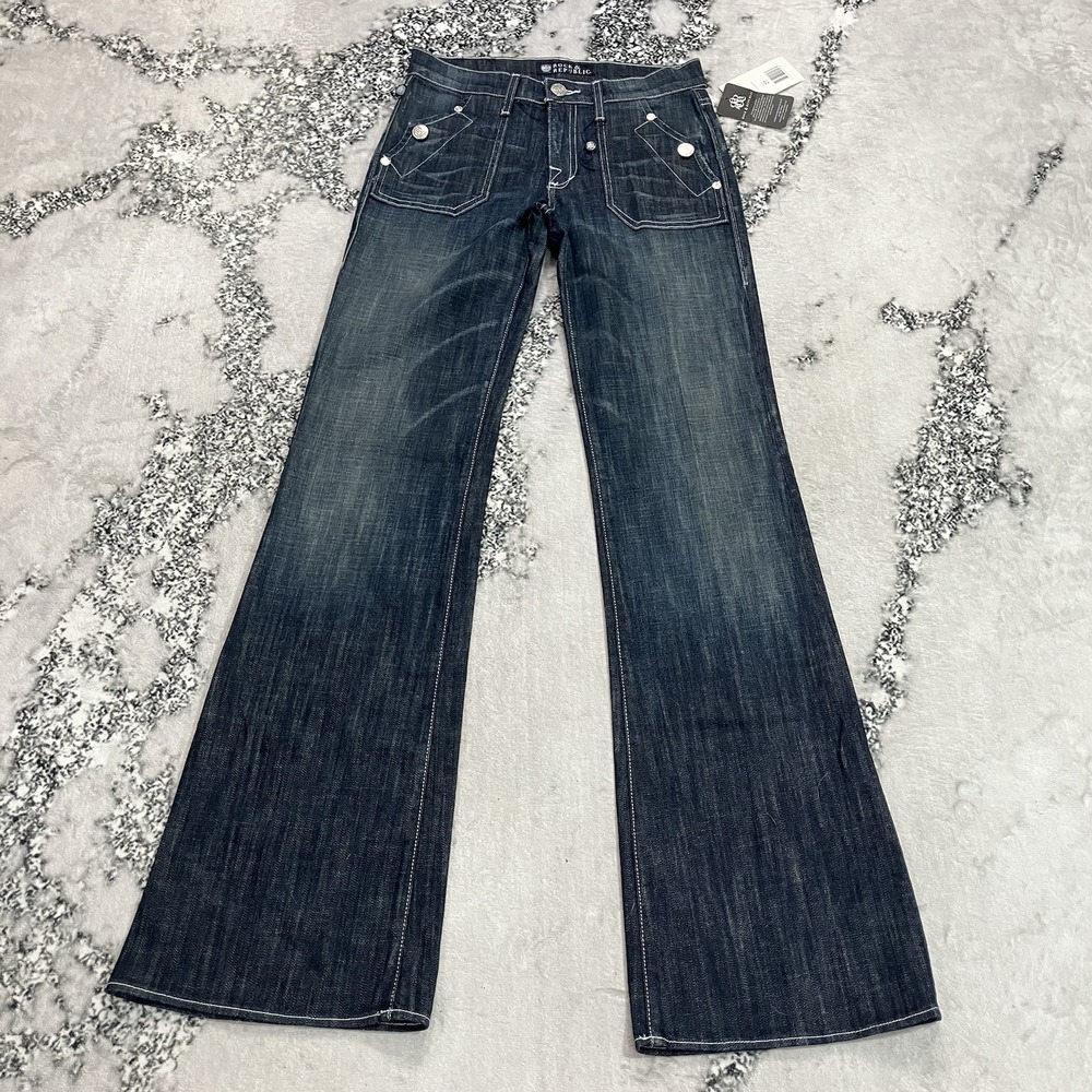 Rock & Republic Womens Sz 27 Dark Wash Flare Jeans Contrast Stitch Denim NWT